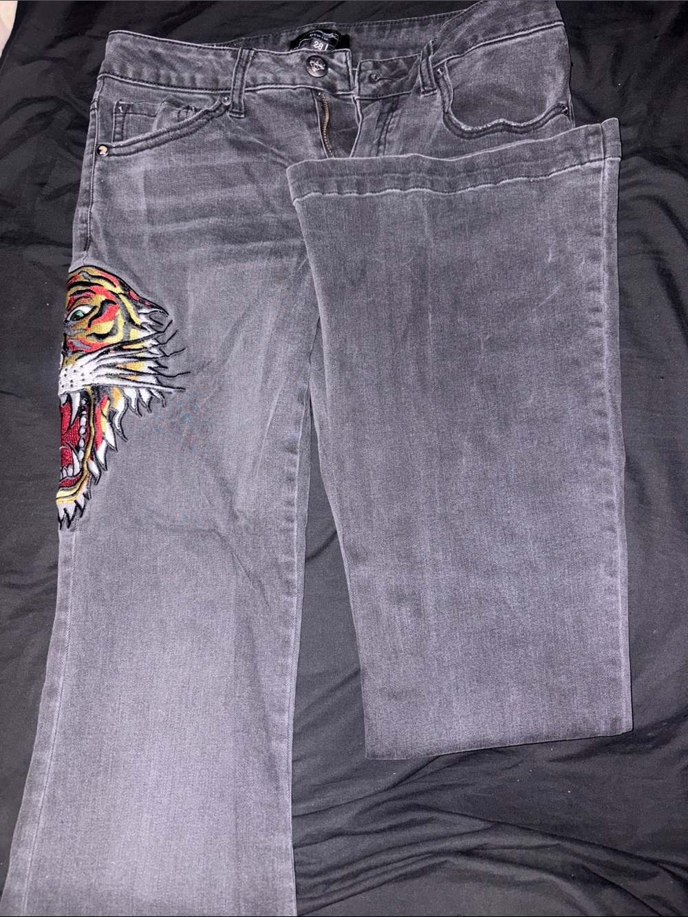 Gray Women's Jeans with Embroidered Tiger Accent